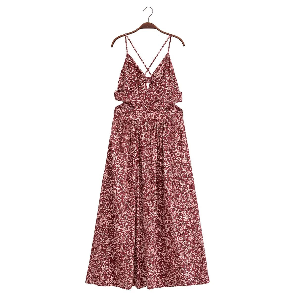 Women Clothing Stylish Opening Design Printing Midi Sling Dress YiPin