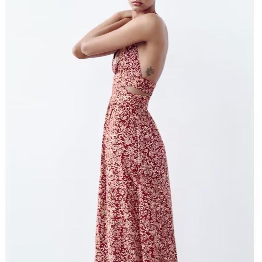Women Clothing Stylish Opening Design Printing Midi Sling Dress YiPin