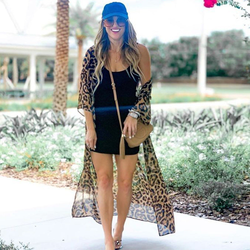 Cárdigan largo holgado de gasa con estampado de leopardo para playa, protección solar, para playa, para mujer