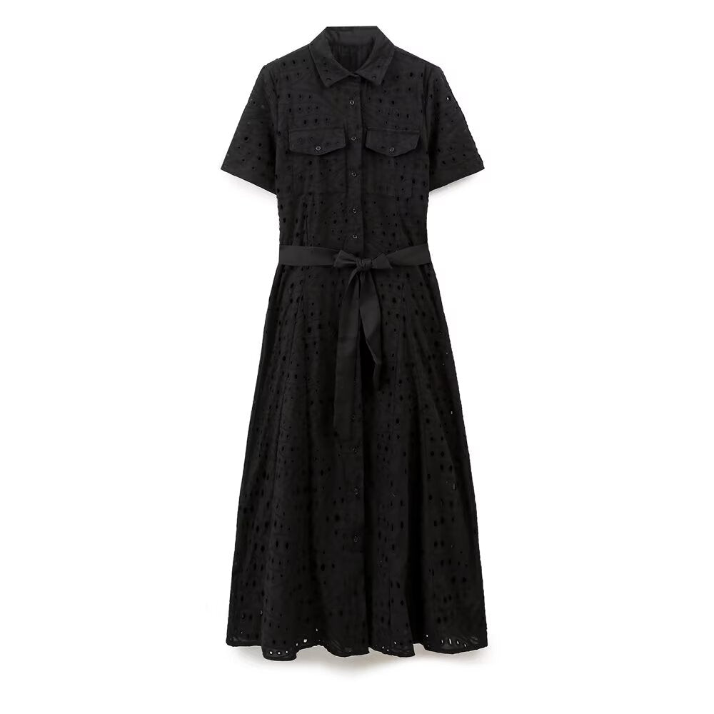 Women Hollow Out Cutout Design Embroidered Shirt Short Sleeve Long Dress Howe
