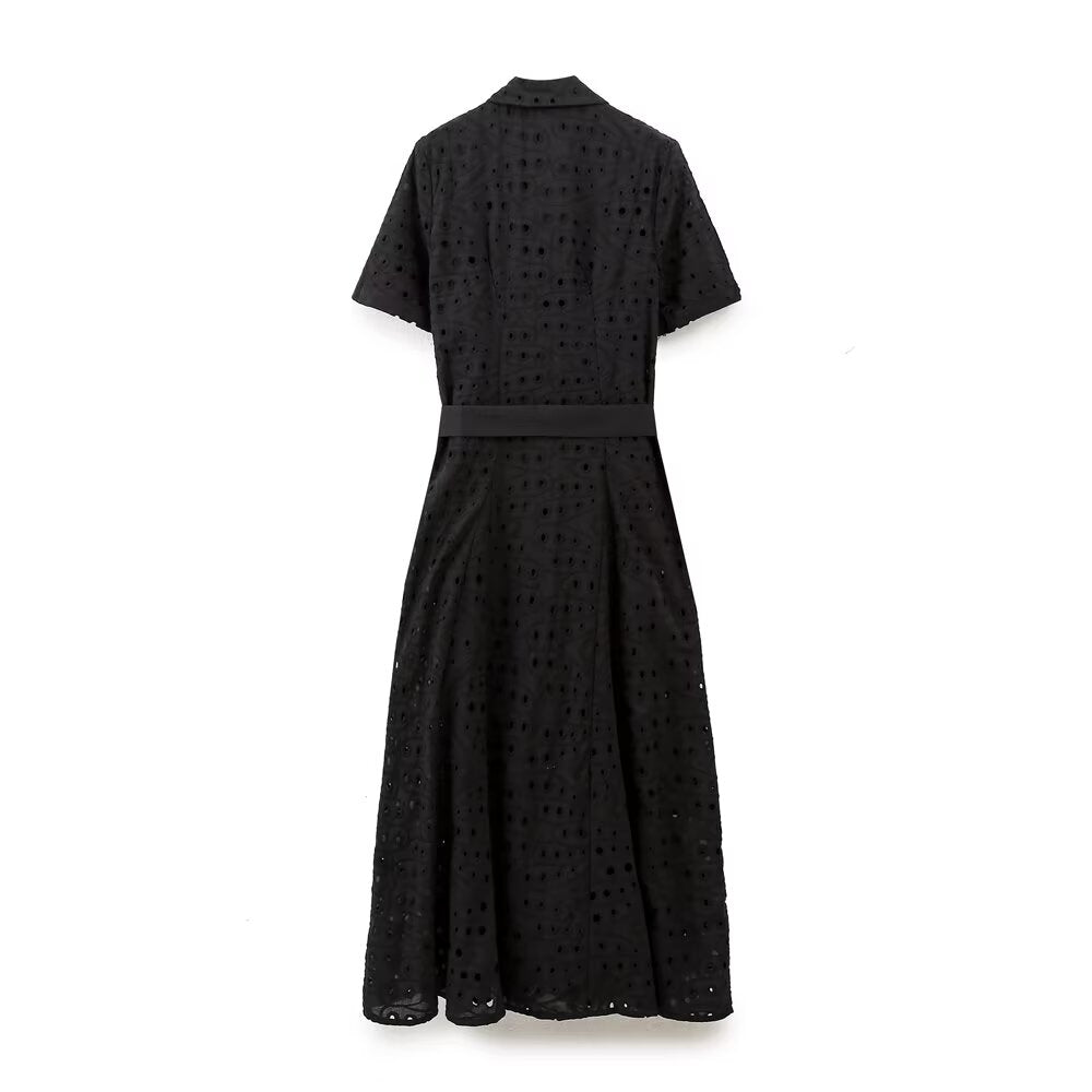 Women Hollow Out Cutout Design Embroidered Shirt Short Sleeve Long Dress Howe