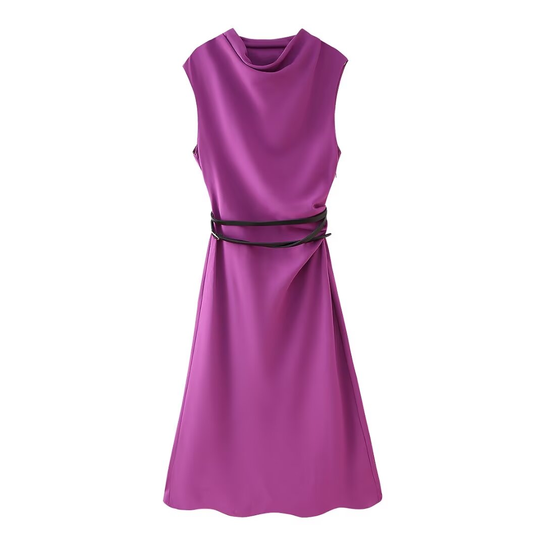 Fall Women Clothing Simple Thin with Belt Midi Dress JOUNJ