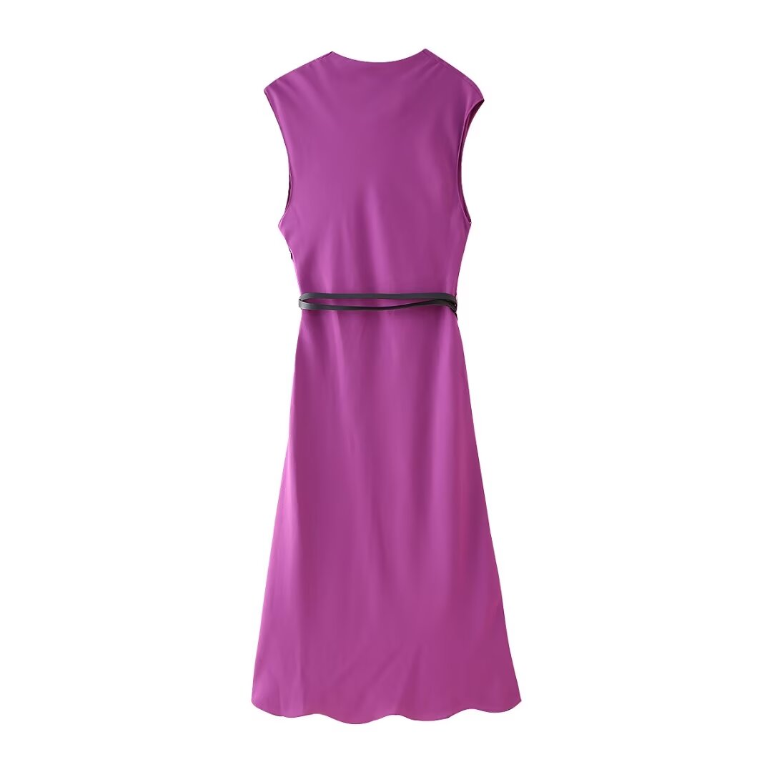 Fall Women Clothing Simple Thin with Belt Midi Dress JOUNJ