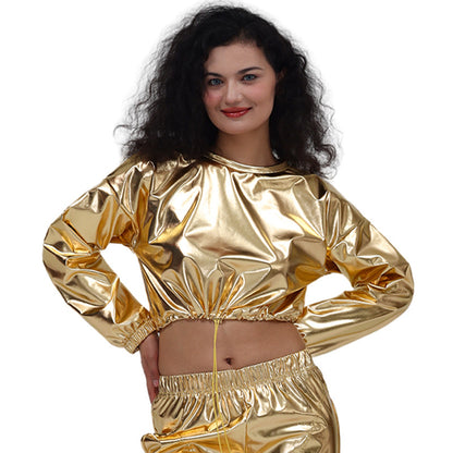 Sudadera corta con capucha y cordón ajustable de manga larga, sexy, de cuero brillante y bronceado