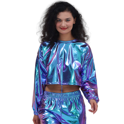 Sudadera corta con capucha y cordón ajustable de manga larga, sexy, de cuero brillante y bronceado