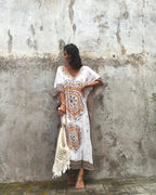 Rayon Positioning Floral Loose Long Beach Cover-up Robe Dress Vacation Clothes