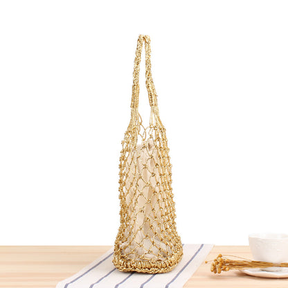 Solid Color Metallic Yarn Hand Crocheting Woven Bag Trendy Women Mori Portable Straw-Weaved Bag Beach Bag