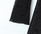 Sexy Pure Black Floral Line round Neck Long Sleeve A line Dress Women Slim Fit Cinched Short Dress Slimming