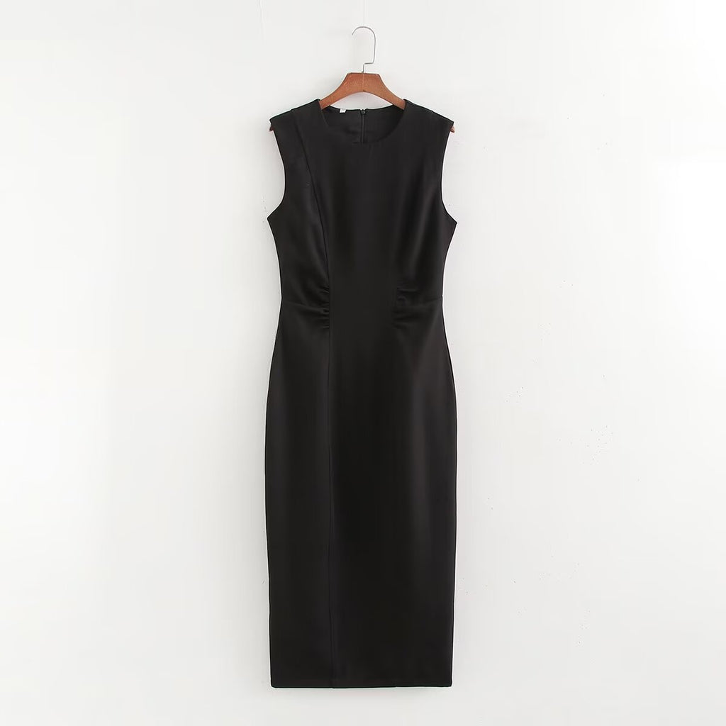 Autumn Winter Pleated Decorative Sleeveless Round Neck Midi Dress Women Intellectual Black Waist Tight Professional Dress FRIDAY