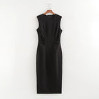 Autumn Winter Pleated Decorative Sleeveless Round Neck Midi Dress Women Intellectual Black Waist Tight Professional Dress FRIDAY