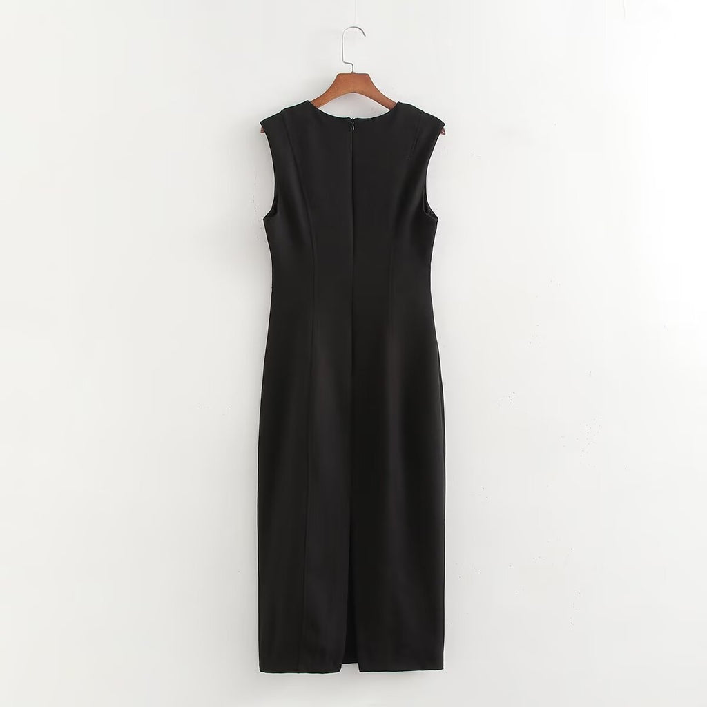 Autumn Winter Pleated Decorative Sleeveless Round Neck Midi Dress Women Intellectual Black Waist Tight Professional Dress FRIDAY