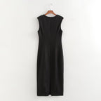 Autumn Winter Pleated Decorative Sleeveless Round Neck Midi Dress Women Intellectual Black Waist Tight Professional Dress FRIDAY