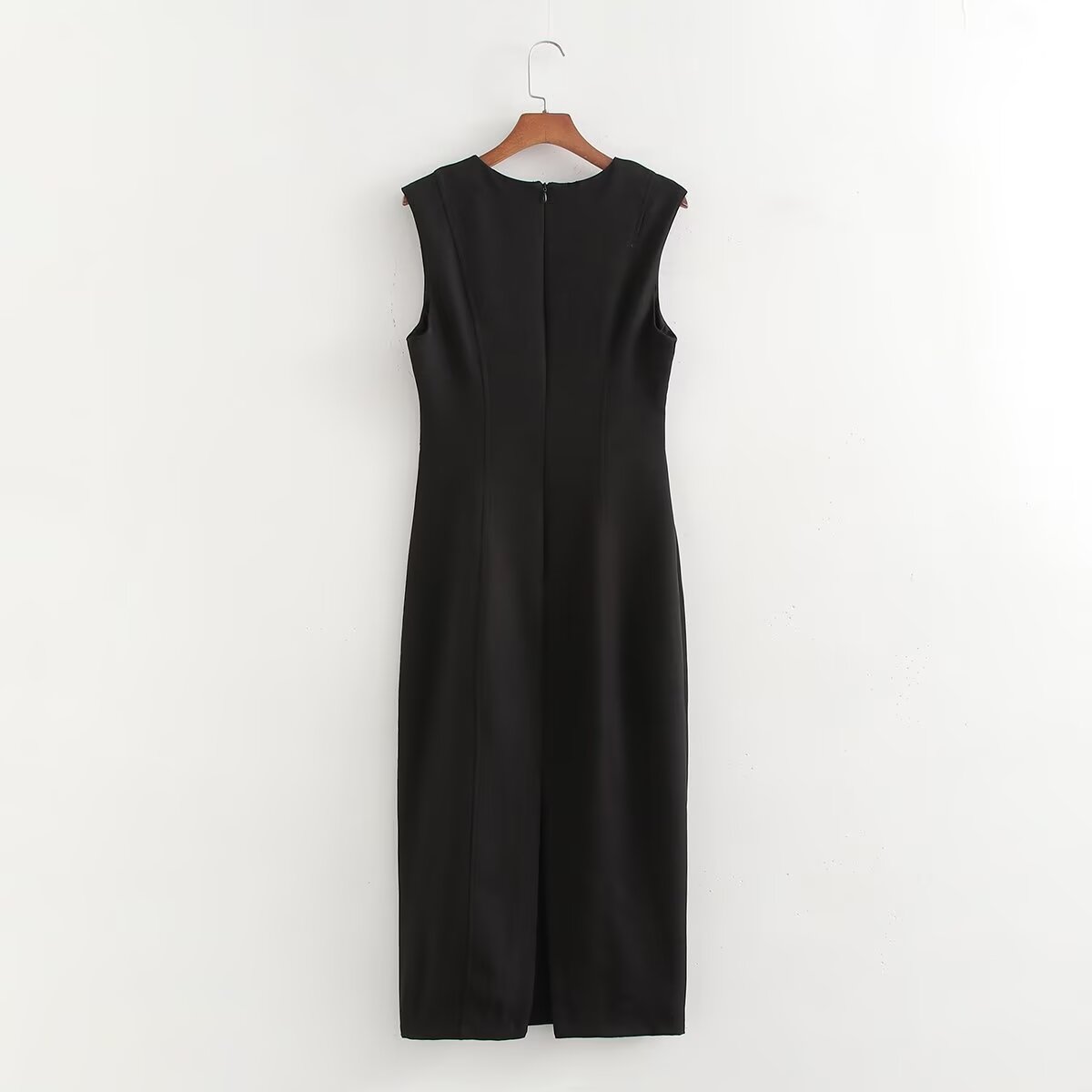 Autumn Winter Pleated Decorative Sleeveless Round Neck Midi Dress Women Intellectual Black Waist Tight Professional Dress FRIDAY
