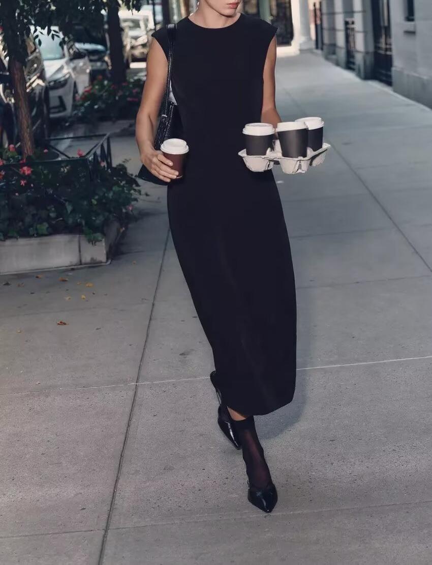 Autumn Winter Pleated Decorative Sleeveless Round Neck Midi Dress Women Intellectual Black Waist Tight Professional Dress FRIDAY