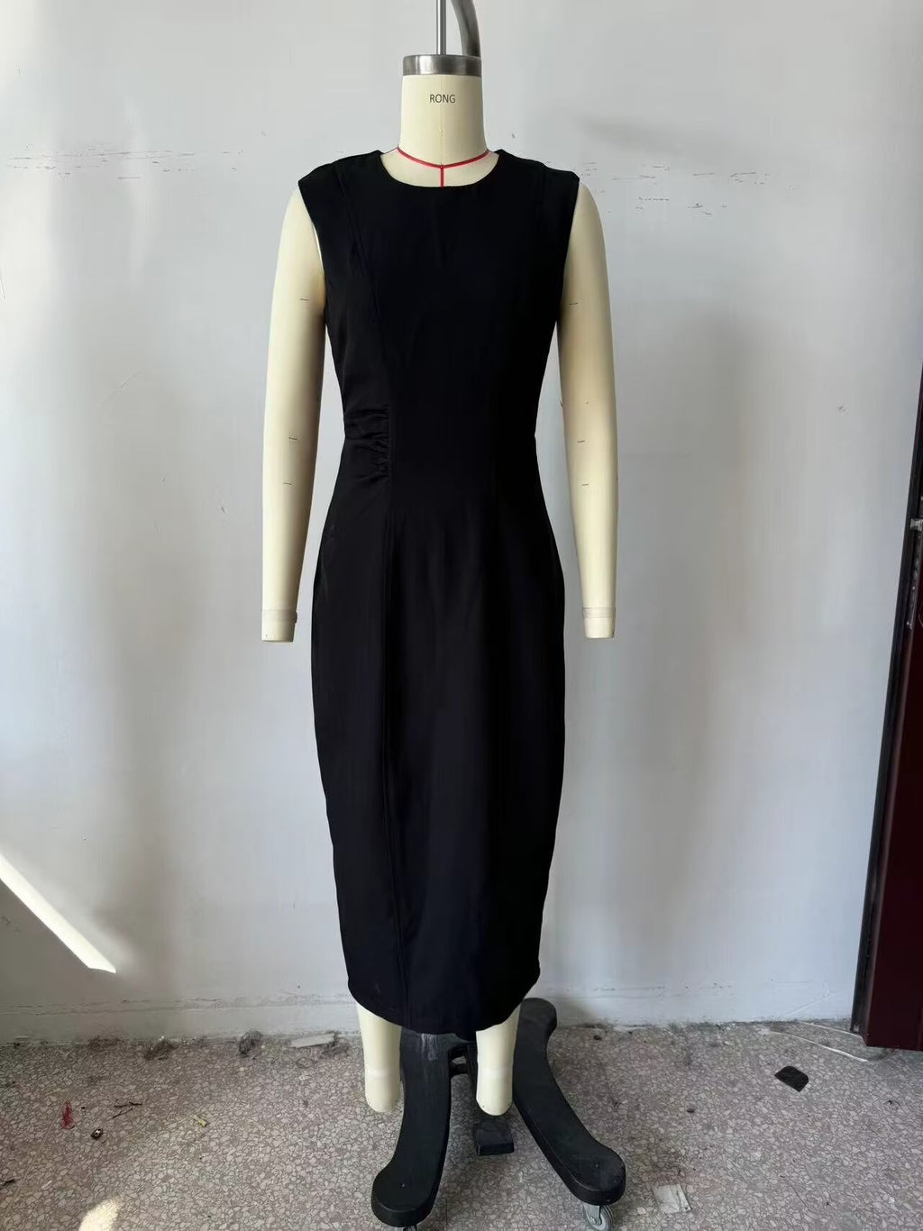 Autumn Winter Pleated Decorative Sleeveless Round Neck Midi Dress Women Intellectual Black Waist Tight Professional Dress FRIDAY