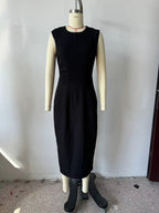 Autumn Winter Pleated Decorative Sleeveless Round Neck Midi Dress Women Intellectual Black Waist Tight Professional Dress FRIDAY