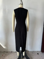 Autumn Winter Pleated Decorative Sleeveless Round Neck Midi Dress Women Intellectual Black Waist Tight Professional Dress FRIDAY