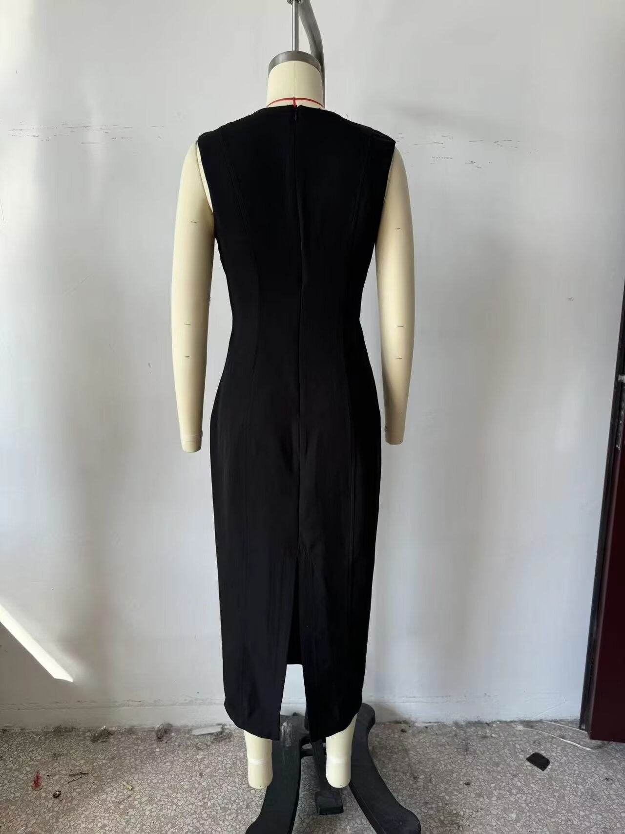 Autumn Winter Pleated Decorative Sleeveless Round Neck Midi Dress Women Intellectual Black Waist Tight Professional Dress FRIDAY