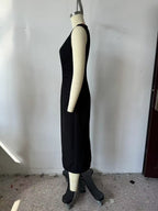 Autumn Winter Pleated Decorative Sleeveless Round Neck Midi Dress Women Intellectual Black Waist Tight Professional Dress FRIDAY