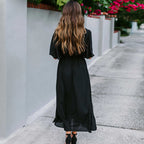 Vestido playero largo de rayón con fondo negro y líneas blancas para mujer, vestido playero de vacaciones con protección solar
