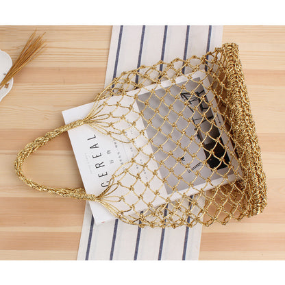 Solid Color Metallic Yarn Hand Crocheting Woven Bag Trendy Women Mori Portable Straw-Weaved Bag Beach Bag