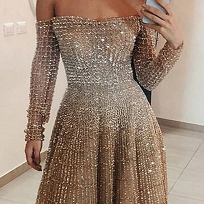 Robe longue d'automne-hiver brillante à épaules dénudées et manches longues, style tube.