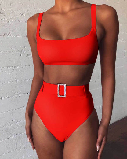 Traje de baño de bikini de cintura alta con diamantes de imitación sexy de color sólido dividido