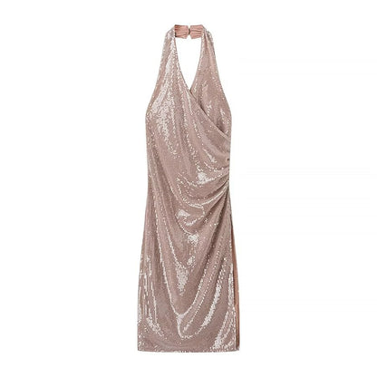 Vestido halter plisado con lentejuelas francesas para mujer