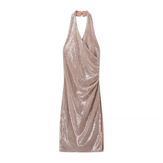 Robe licou plissée à sequins pour femme