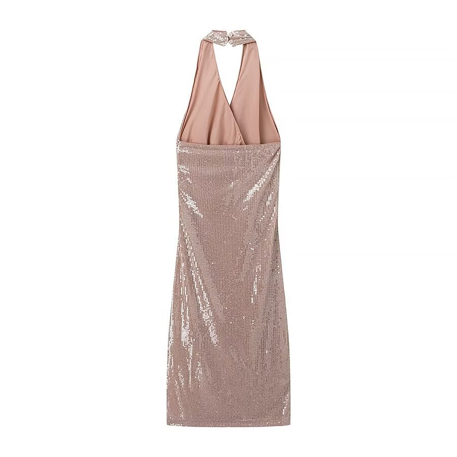 Vestido halter plisado con lentejuelas francesas para mujer