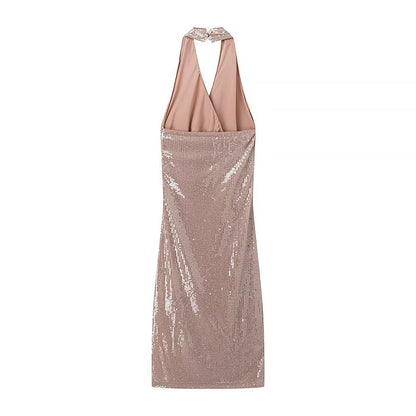 Vestido halter plisado con lentejuelas francesas para mujer