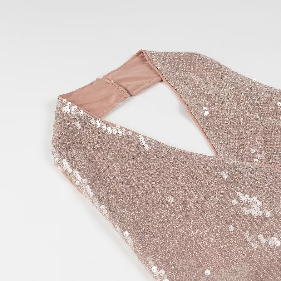 Vestido halter plisado con lentejuelas francesas para mujer