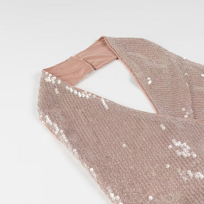 Vestido halter plisado con lentejuelas francesas para mujer