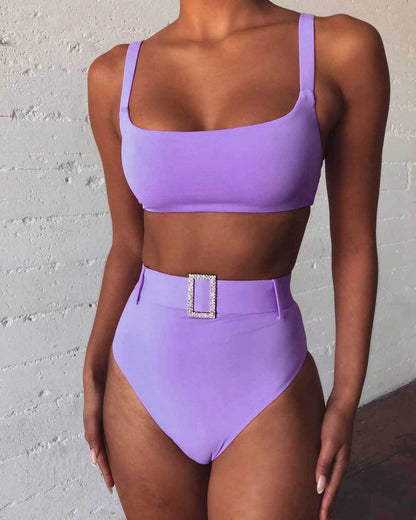 Traje de baño de bikini de cintura alta con diamantes de imitación sexy de color sólido dividido