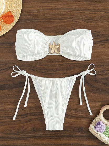 Bikini sexy de color sólido con parte superior de tubo y abertura, traje de baño con cordones