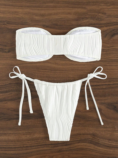 Bikini sexy de color sólido con parte superior de tubo y abertura, traje de baño con cordones