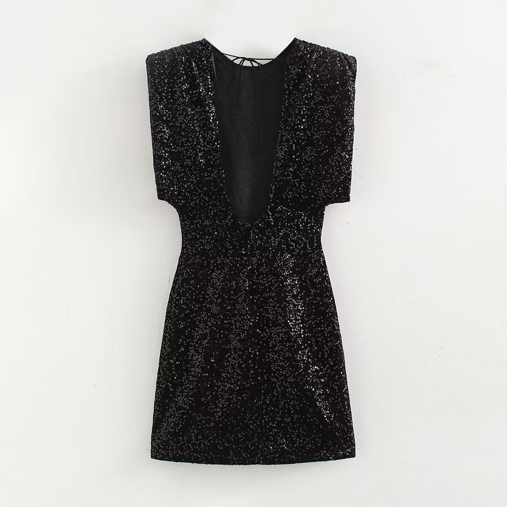 Women Clothing round Neck Solid Color Sequ Decorative Velvet Dress FRIDAY