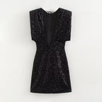 Women Clothing round Neck Solid Color Sequ Decorative Velvet Dress FRIDAY