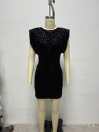 Women Clothing round Neck Solid Color Sequ Decorative Velvet Dress FRIDAY