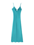 Women Clothing Long Hollow Out Cutout Decorative Satin Sling Dress CHEN
