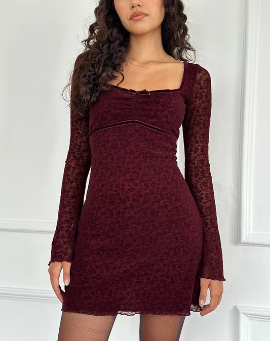 Retro Flocking Jacquard Long Sleeve Dress Women Autumn Winter French Sexy Skinny Sheath Mesh dress