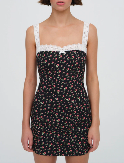Sweet Printed Chic Lace Lace Spaghetti Strap Mini Sexy Slim Fit Backless Hip Bag Dress