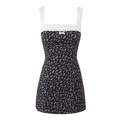 Sweet Printed Chic Lace Lace Spaghetti Strap Mini Sexy Slim Fit Backless Hip Bag Dress