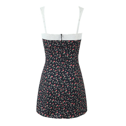 Sweet Printed Chic Lace Lace Spaghetti Strap Mini Sexy Slim Fit Backless Hip Bag Dress