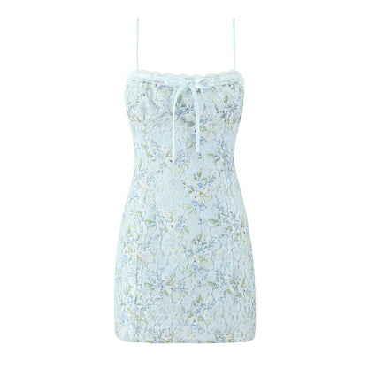 Sweet Printed Chic Lace Splicing Sling Mini French Sexy Slim Fit Short Hip Dresses
