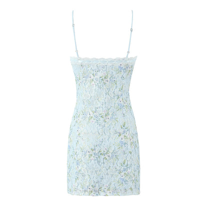 Sweet Printed Chic Lace Splicing Sling Mini French Sexy Slim Fit Short Hip Dresses