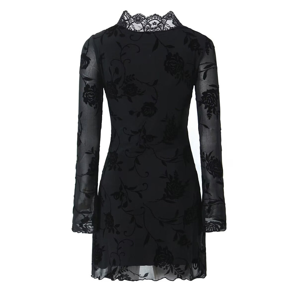 Vestido de otoño con ribete de encaje de rosas negras para mujer