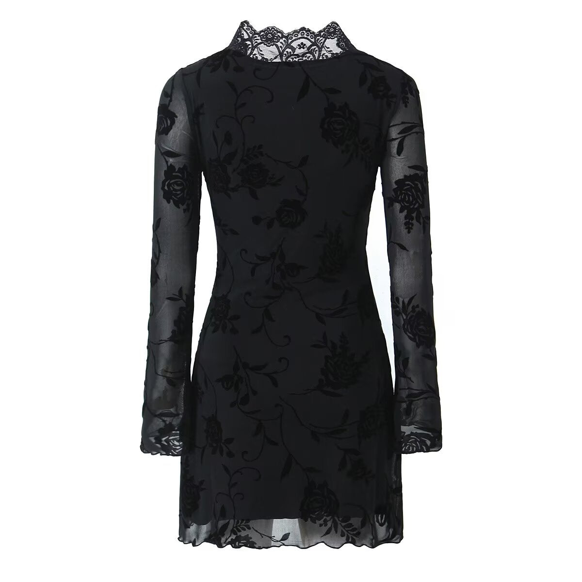 Vestido de otoño con ribete de encaje de rosas negras para mujer