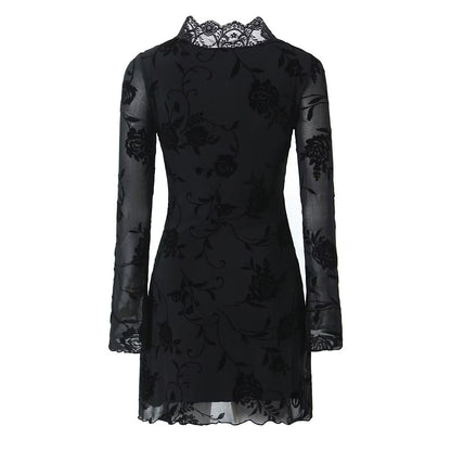 Fall Black Rose Lace Trim Dress Women Clothing