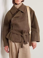 Office All Match Lace up Fitted Waist Turn down Collar Short Woolen Coat SenDa